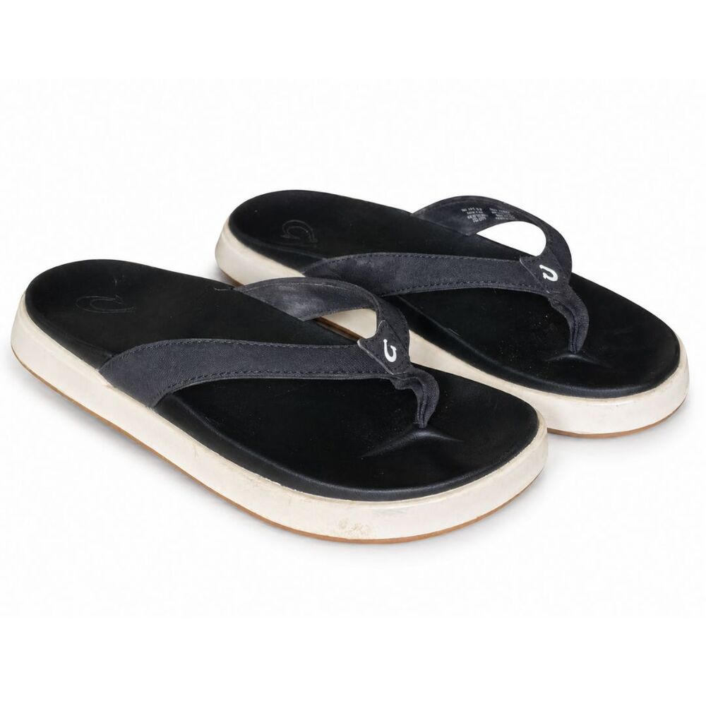 OluKai Nu‘a Pi‘o Sandals Black Womens Size 9 Nua Pio Thong Flip Flops Comfort